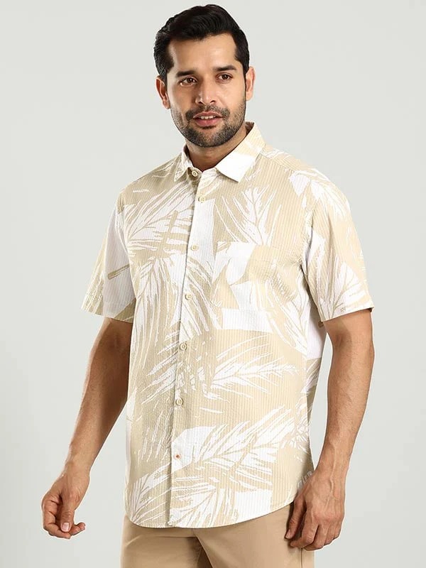 Indian Terrain Men's Regular Fit Half Sleeve All Over Print White Shirt